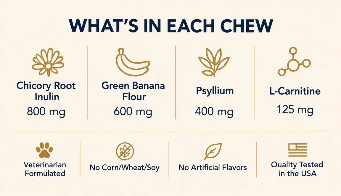 What's in each chew: Chicory Root Inulin 800 mg, Green Banana Flour 600 mg, Psyllium 400 mg, L-Carnitine 125 mg. Veterinarian Formulated, No Corn, Wheat or Soy, No Artificial Flavors, Quality Tested in the USA.
